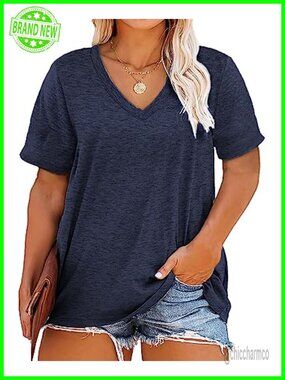 Plus Size V Neck Short Sleeve Tee Loose Fit Tunic T-Shirt